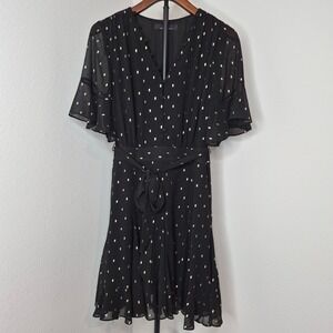 White House Black Market Black Gold Metallic Clip Dot Flutter Sleeve Dress 4‎